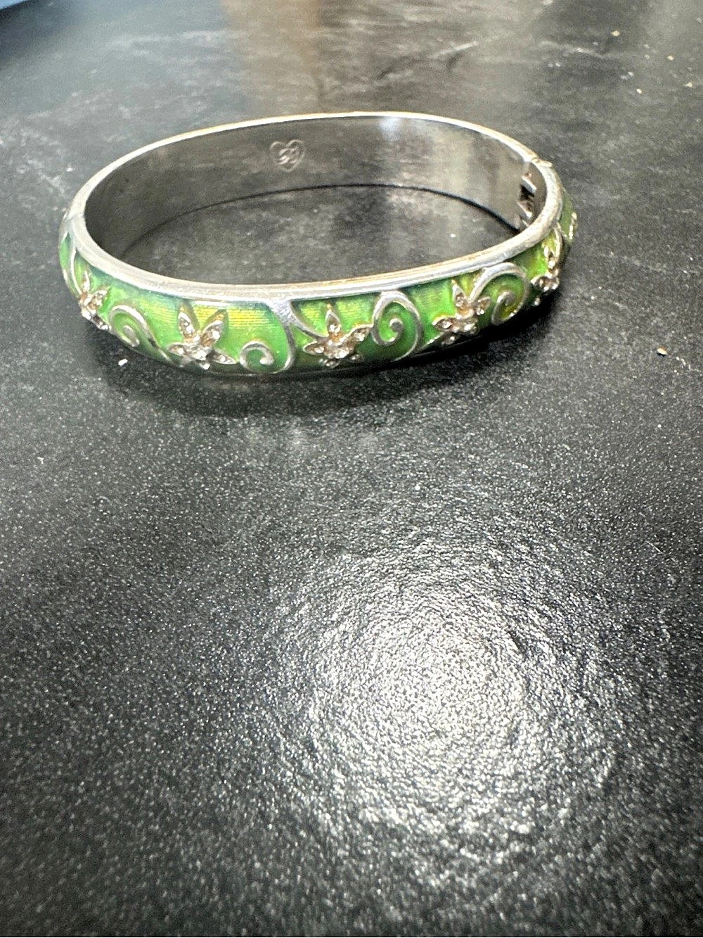 Brighton Green Enamel Floral Crystal Hinged Bangle Bracelet